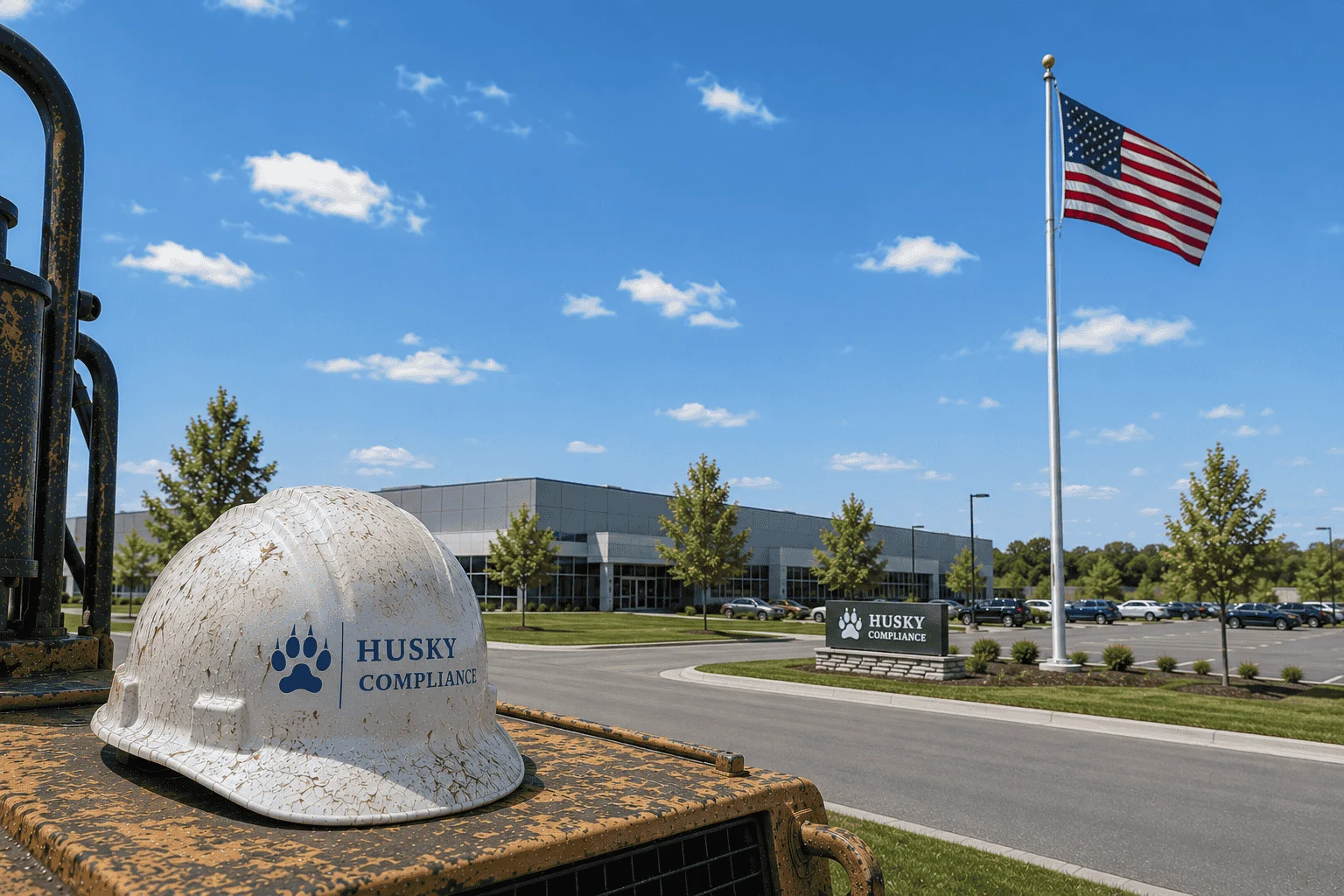 Husky Compliance hard hat and United States flag outside a workplace facility
